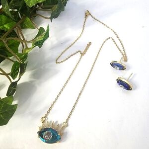 Unique Blue Glass Evil Eye Pendant Necklace Earrings Set Gold Plated Steel